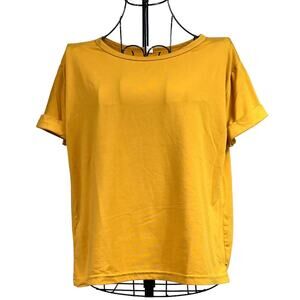 Soft Stretchy Mustard Yellow Boat Neck Tee Shirt Top Cuffed Short Sleeves Medium
